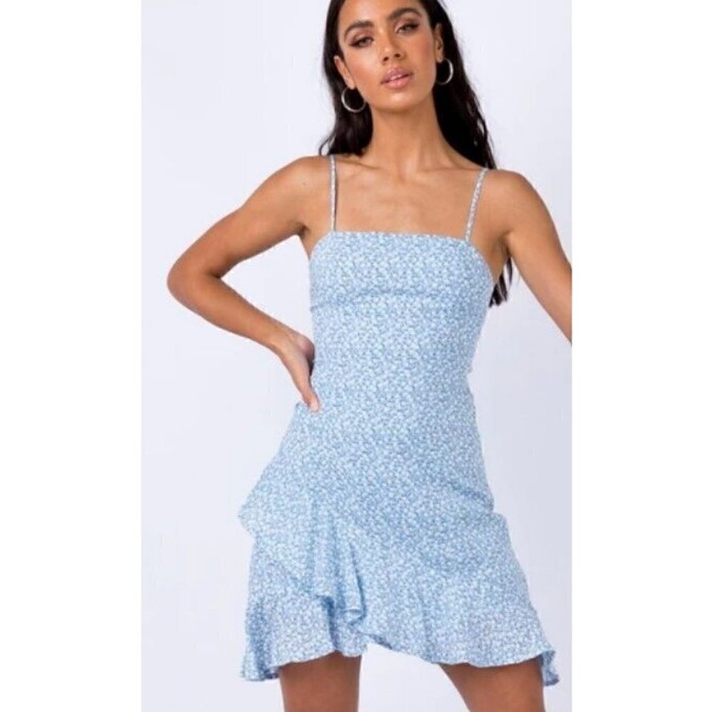 NWOT Princess Polly Grasby Mini Dress Womens 4 Blue Floral Ruffle